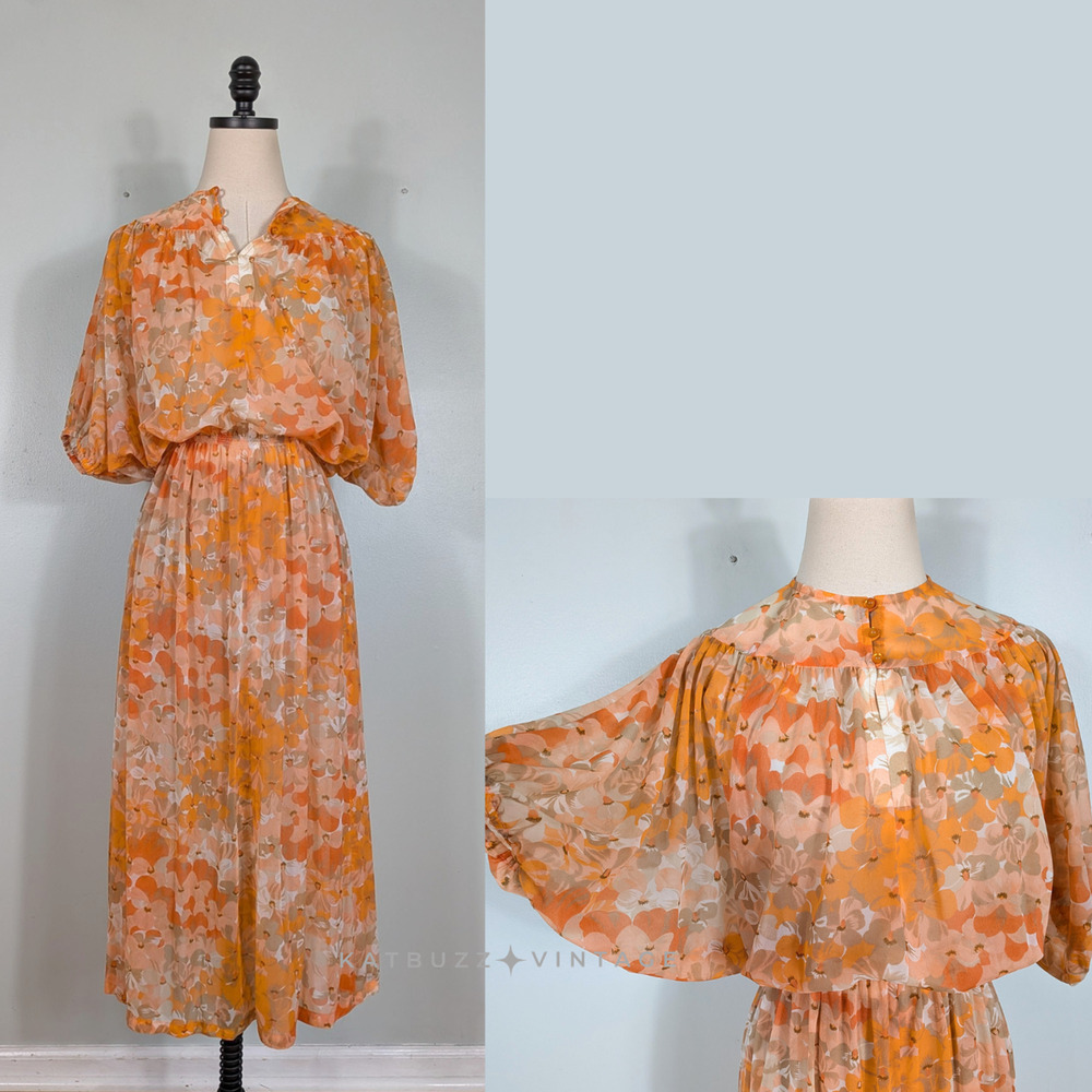 Vintage Floral Dress S To M Orange 60s 70s Bat Wing Sheer Sundress Midi Summer